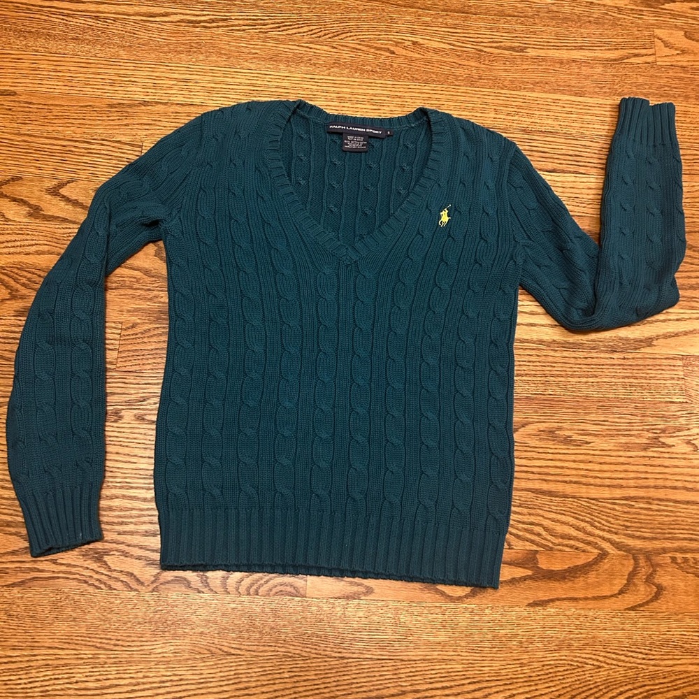 Polo Ralph Lauren Sport Sweater Women Small Green Cable Knit V Neck 100% Cotton